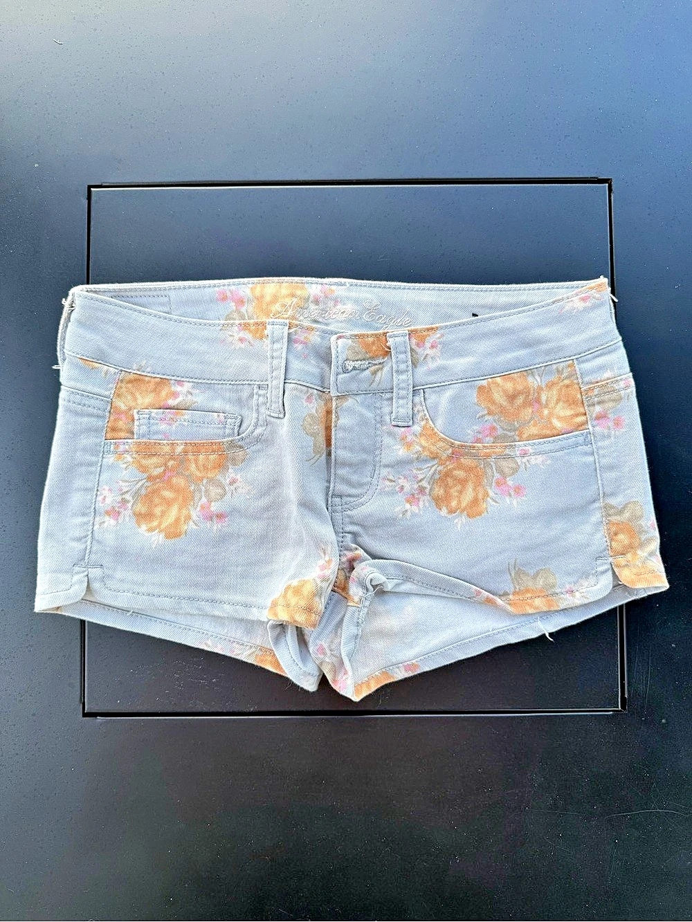 American Eagle Floral Print Denim Shorts Blue & Orange Size 2
